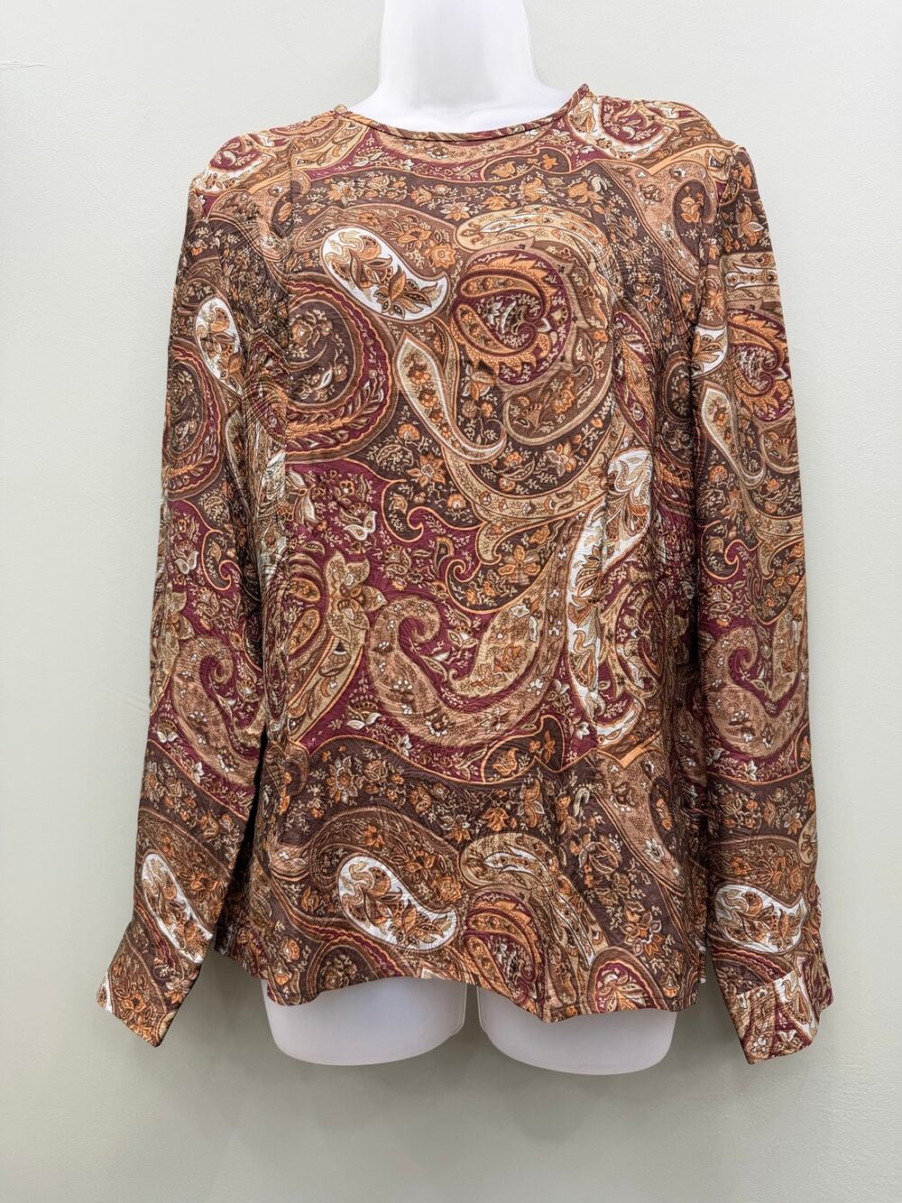 Talbots 100% Silk Paisley Blouse Size 14 Brown Burgundy Heritage Preppy